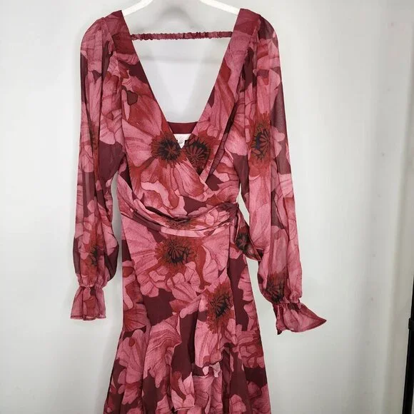 NEW Hutch Kya Long-Sleeve V-Neck Printed Tiered Wrap Maxi Dress Red Small
